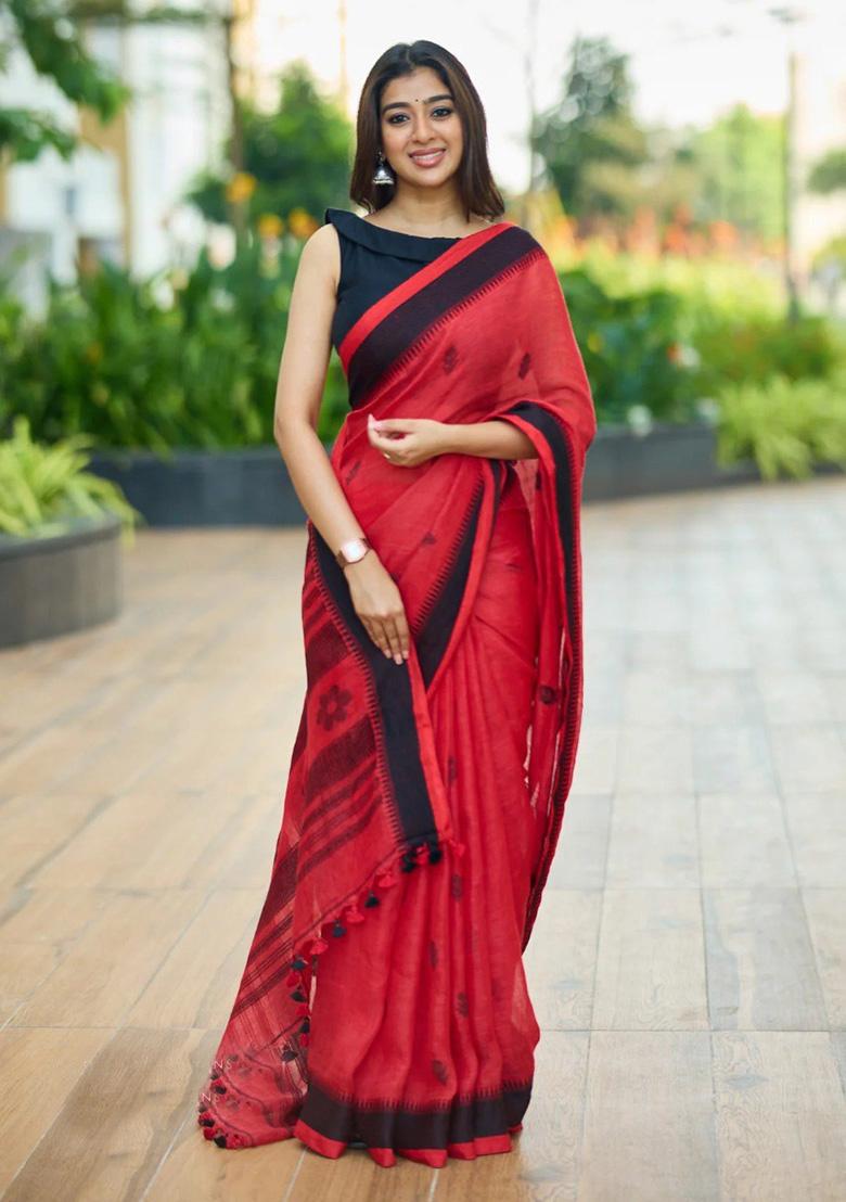 Red Jacquard Work Silk Saree Set - Indya