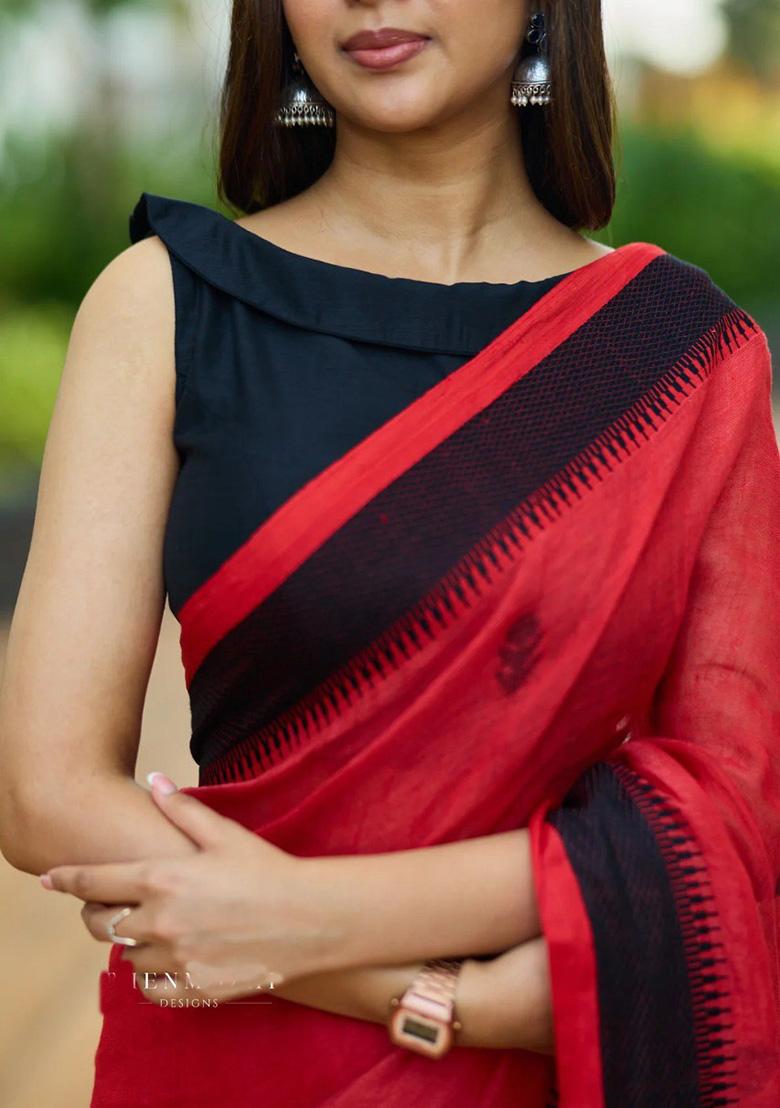 Red Jacquard Work Silk Saree Set - Indya
