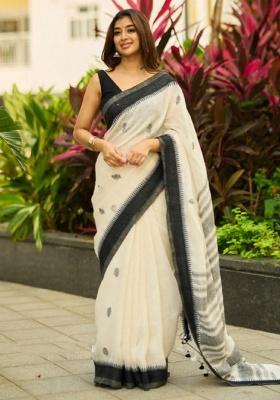White Jacquard Work Silk Saree Set