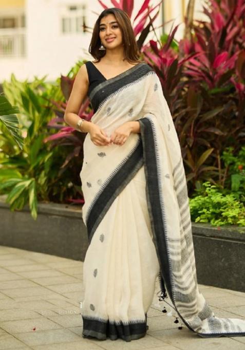 White Jacquard Work Silk Saree Set