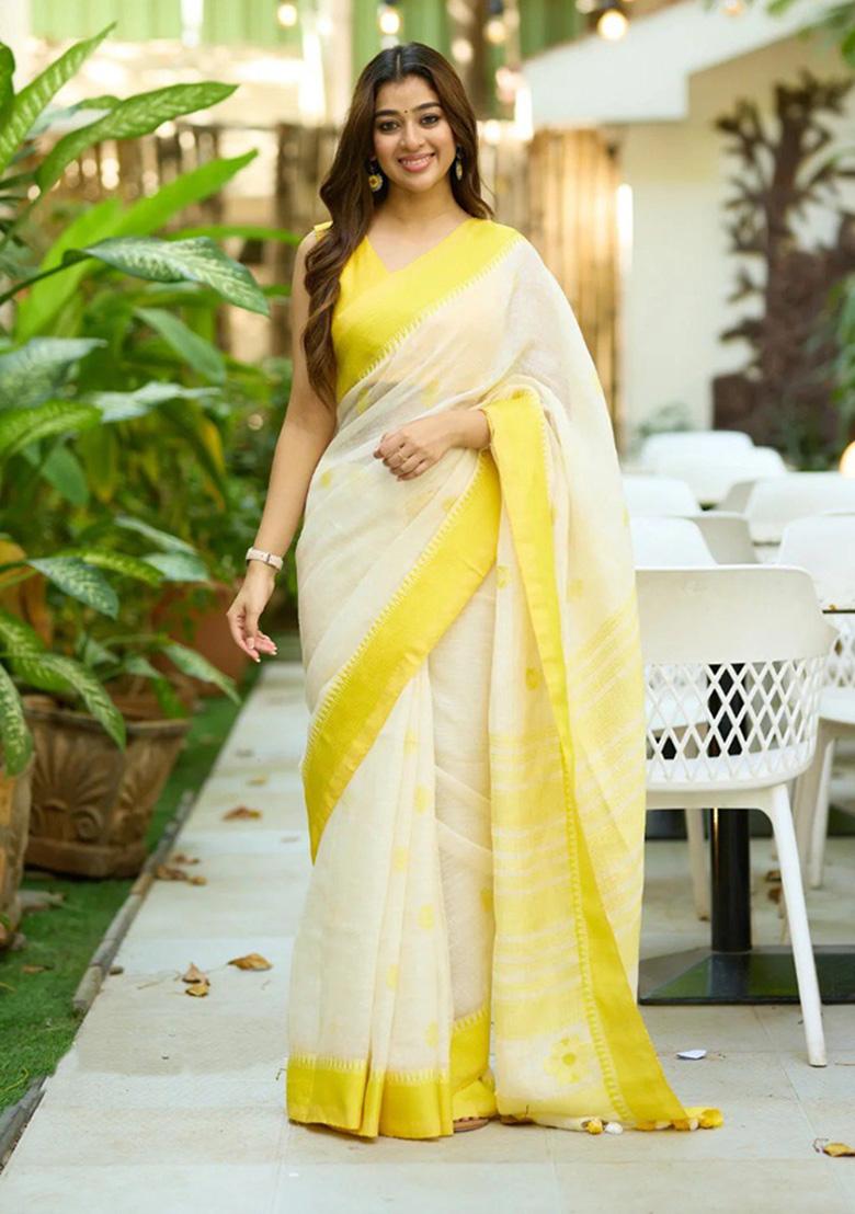 White And Yellow Jacquard Work Silk Saree Set - Indya