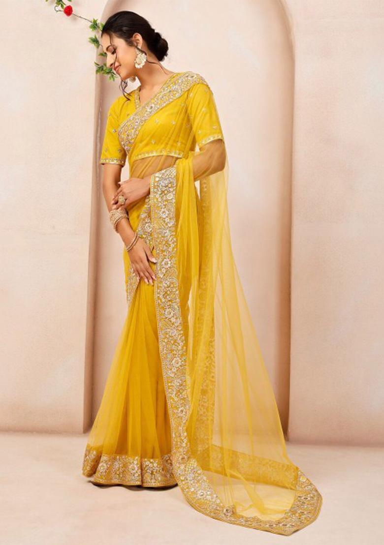 Yellow Embroidery Net Saree Set - Indya