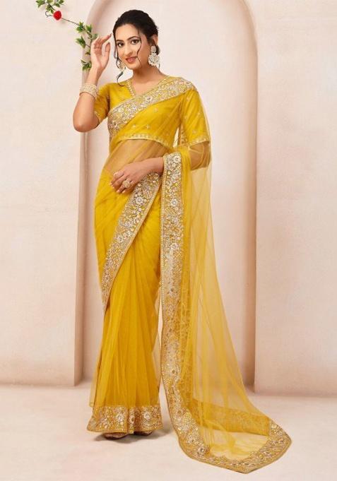 Yellow Embroidery Net Saree Set