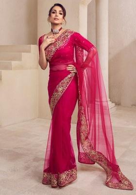 Rani Pink Embroidery Net Saree Set