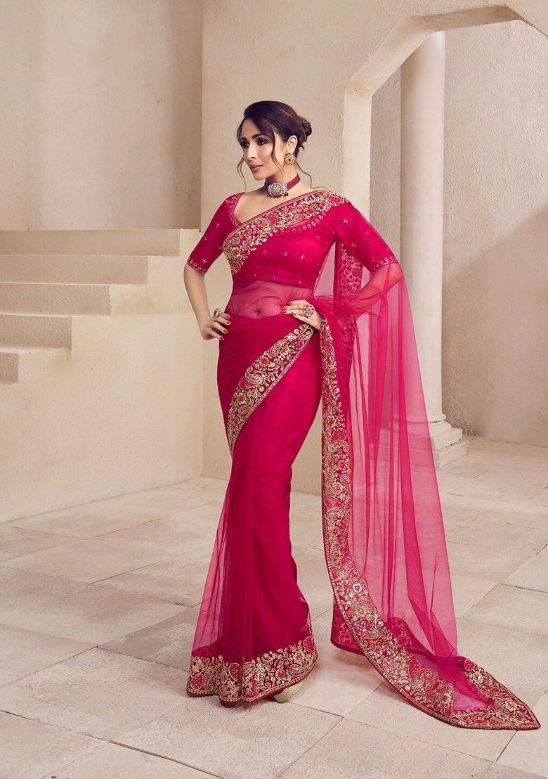 Rani Pink Embroidery Net Saree Set - Indya