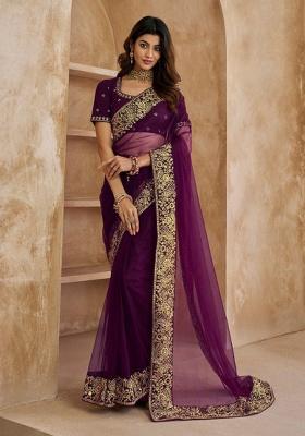 Wine Embroidery Net Saree Set