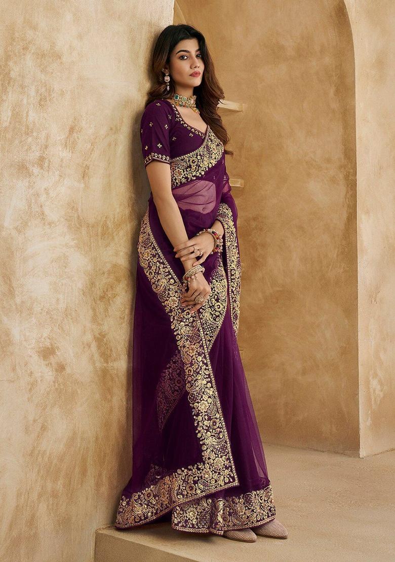Wine Embroidery Net Saree Set - Indya