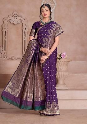 Wine Weaving Work Silk Saree Set