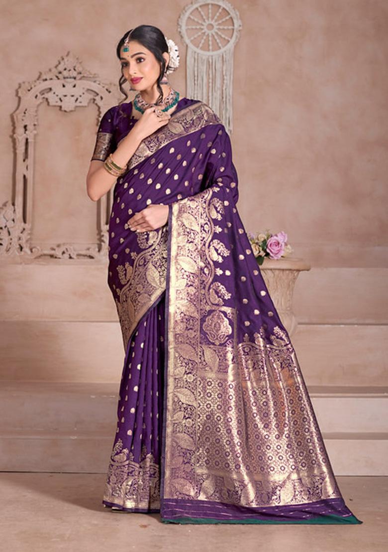 Wine Weaving Work Silk Saree Set - Indya