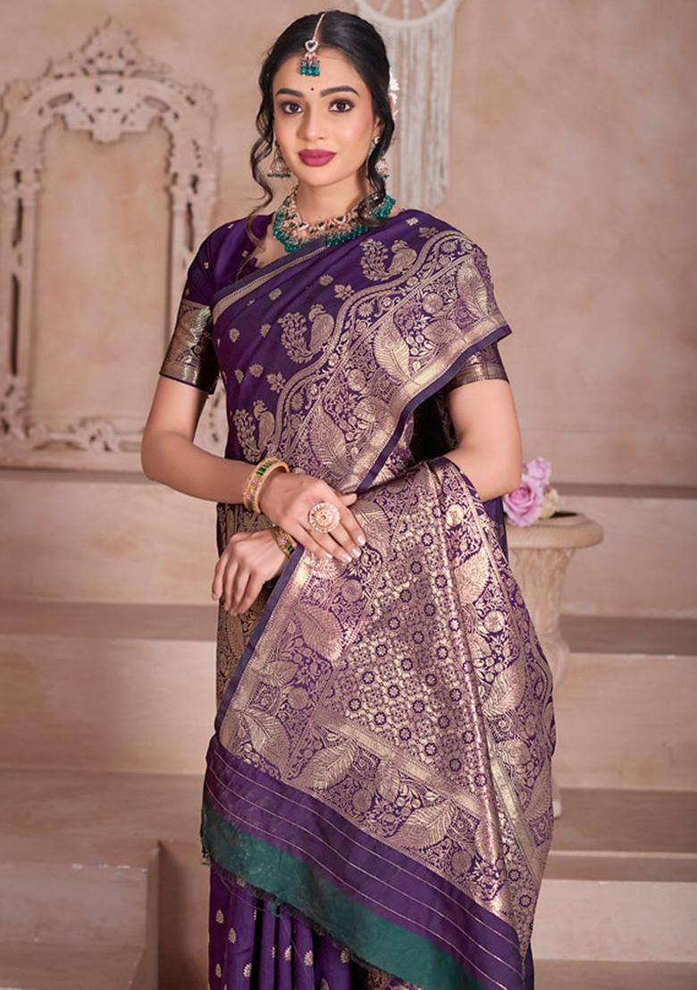 Wine Weaving Work Silk Saree Set - Indya