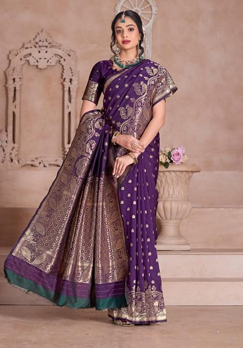 Wine Weaving Work Silk Saree Set