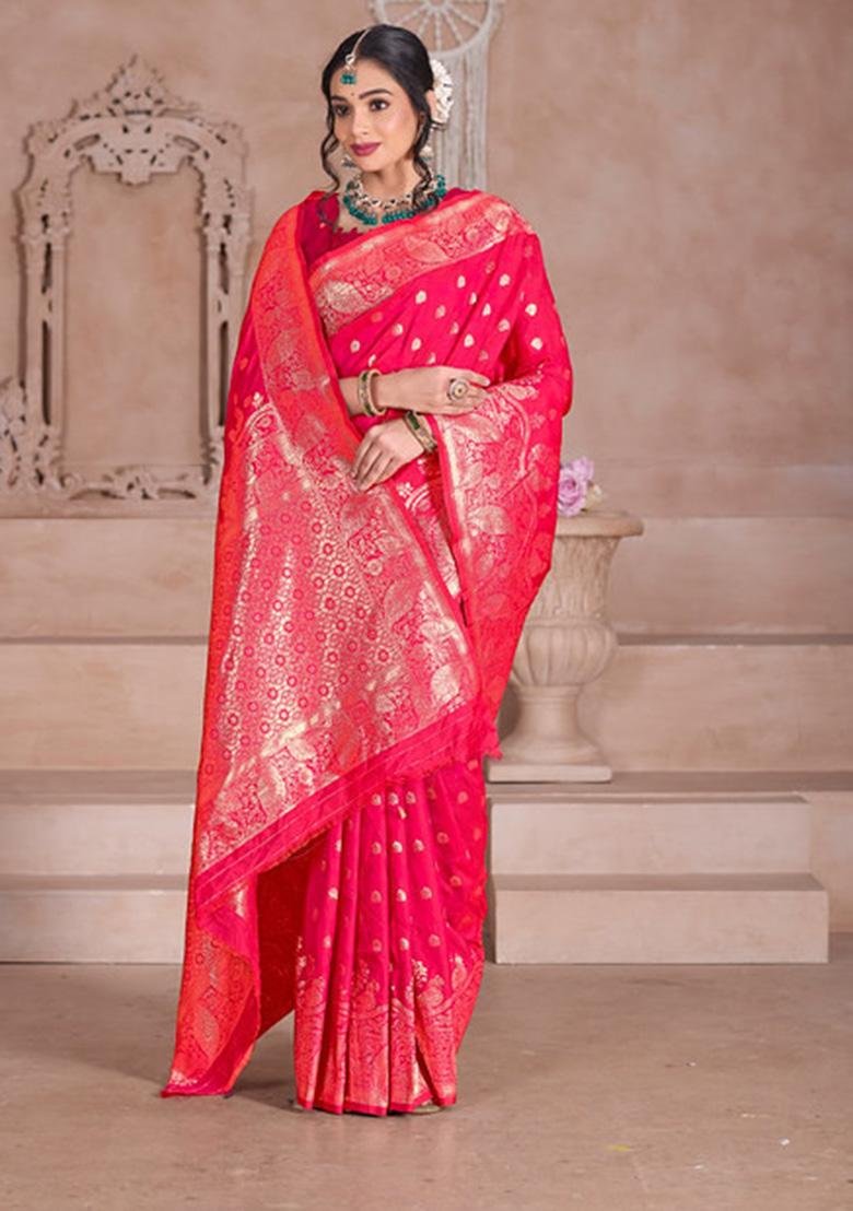 Pink Weaving Work Silk Saree Set - Indya