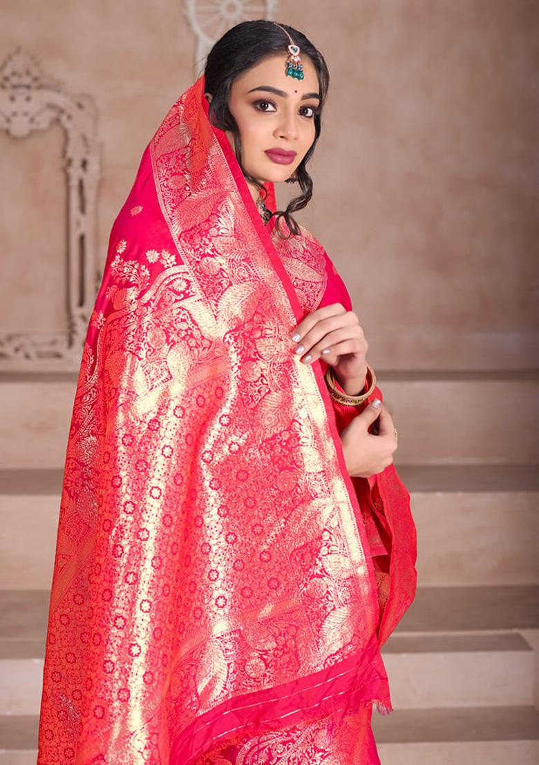 Pink Weaving Work Silk Saree Set - Indya