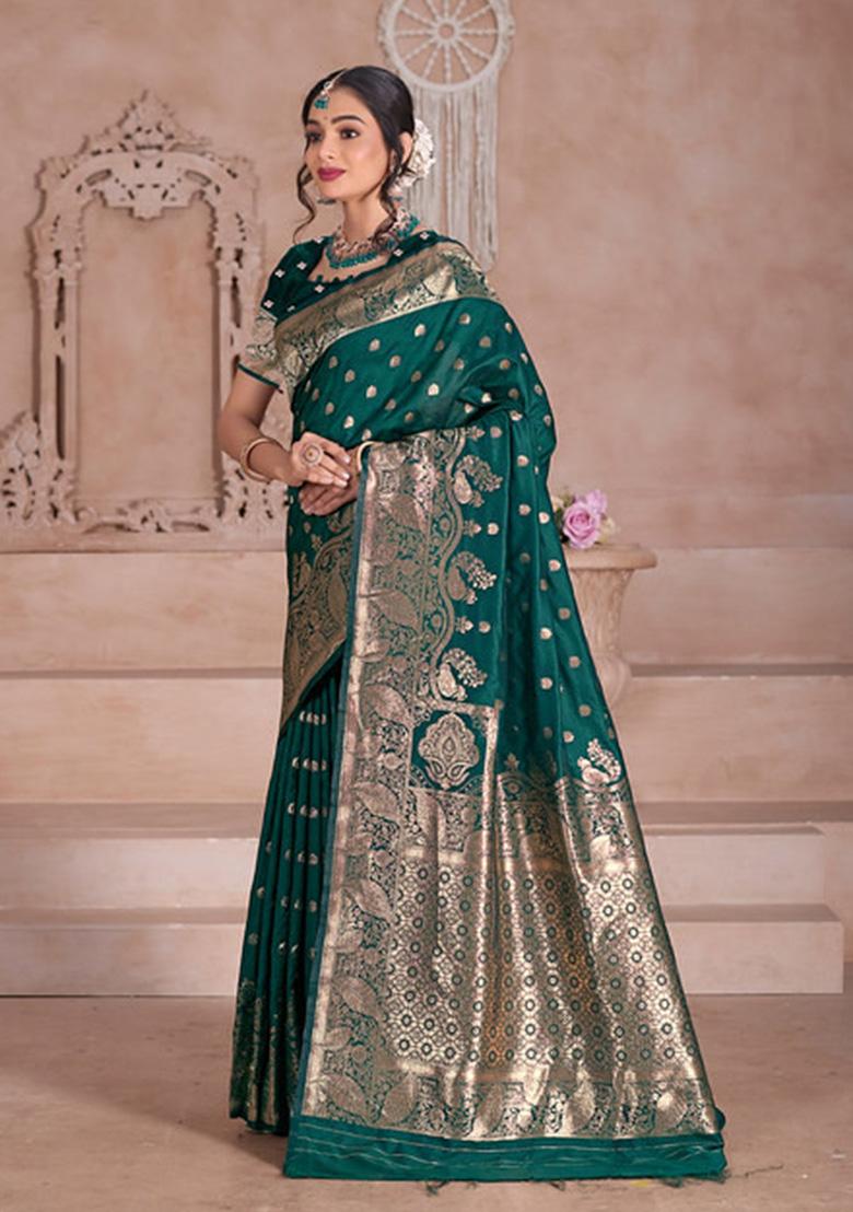 Green Weaving Work Silk Saree Set - Indya