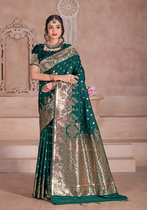 Green Weaving Work Silk Saree Set