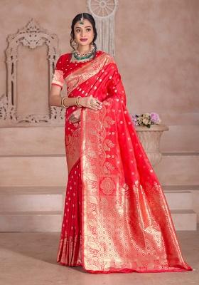 Red Weaving Work Silk Saree Set