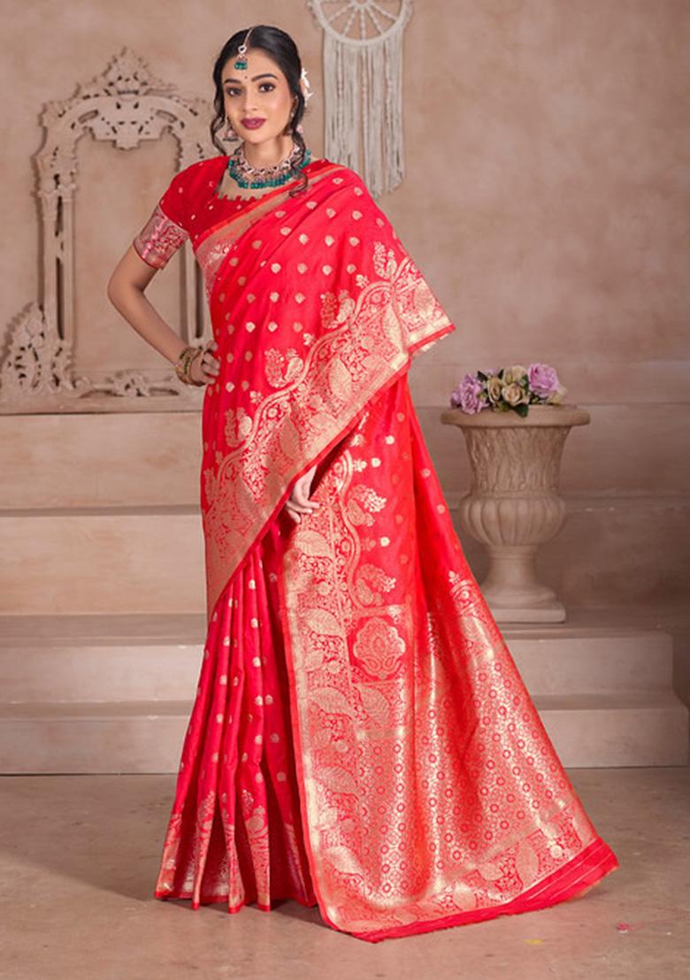 Red Weaving Work Silk Saree Set - Indya