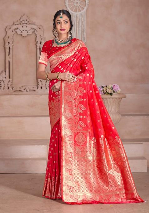 Red Weaving Work Silk Saree Set