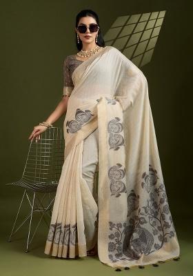 Cream Kalamkari Weaving Work Cotton Saree Set