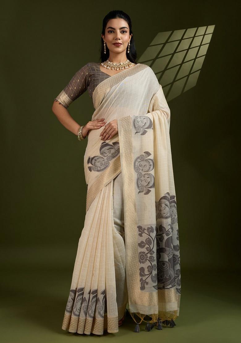 Cream Kalamkari Weaving Work Cotton Saree Set - Indya