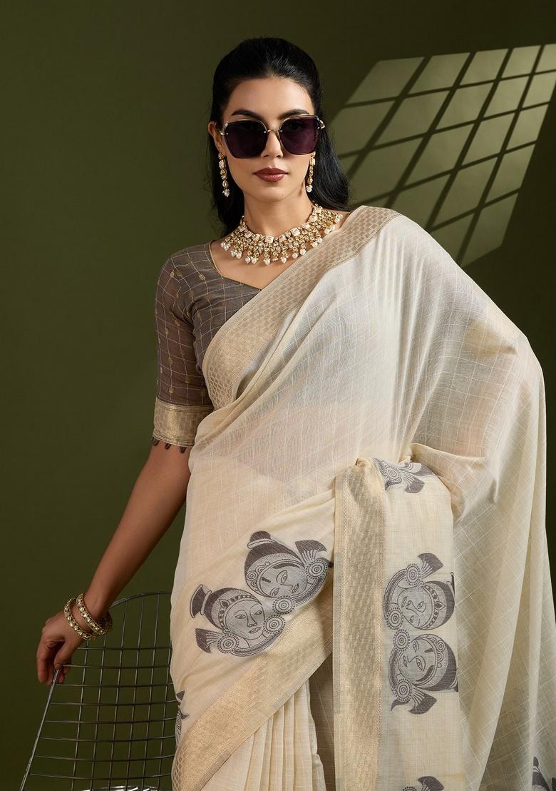 Cream Kalamkari Weaving Work Cotton Saree Set - Indya