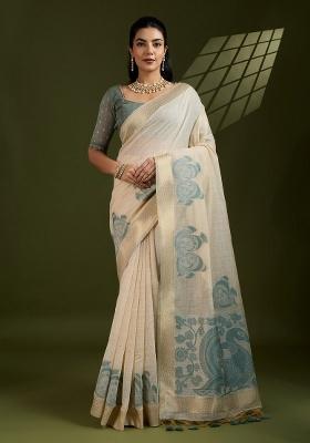 Cream Kalamkari Weaving Work Cotton Saree Set