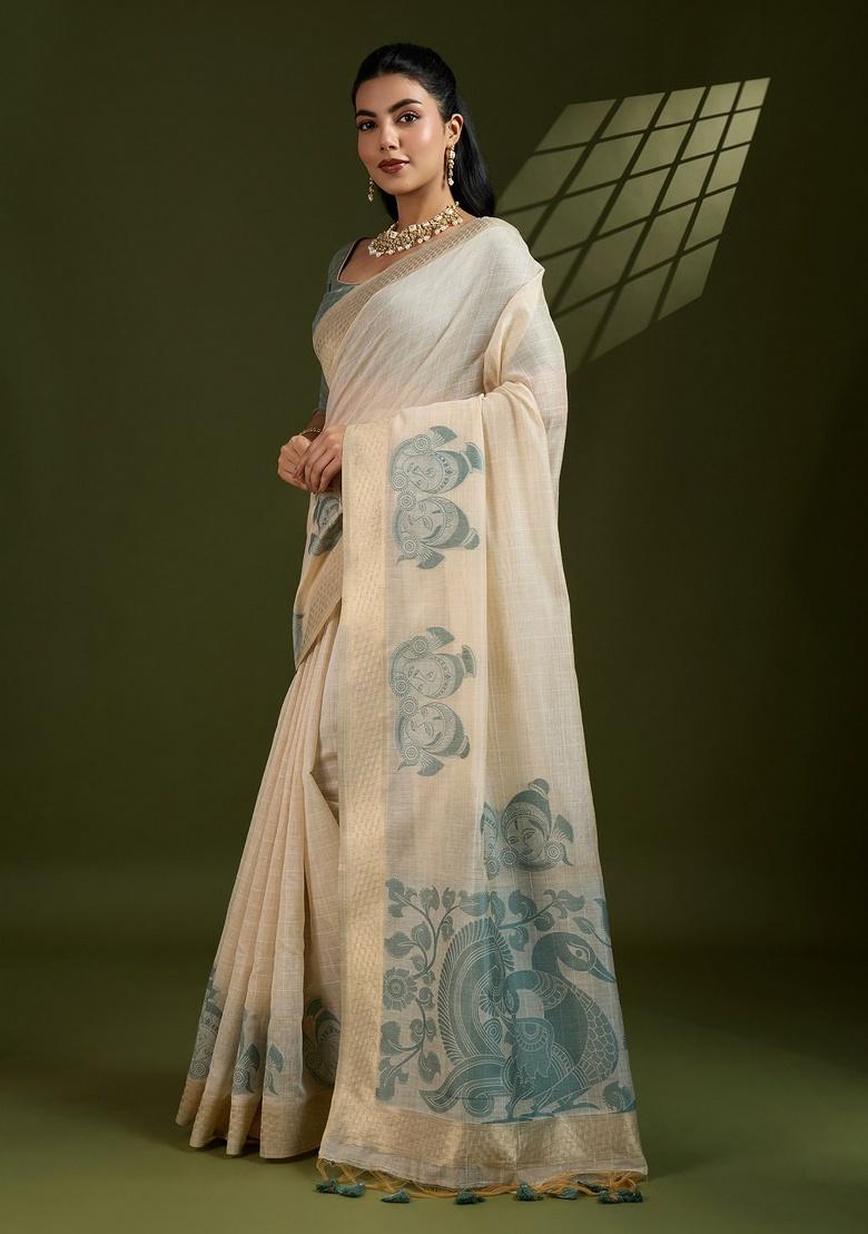 Cream Kalamkari Weaving Work Cotton Saree Set - Indya