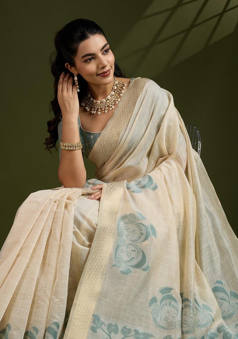 Cream Kalamkari Weaving Work Cotton Saree Set - Indya