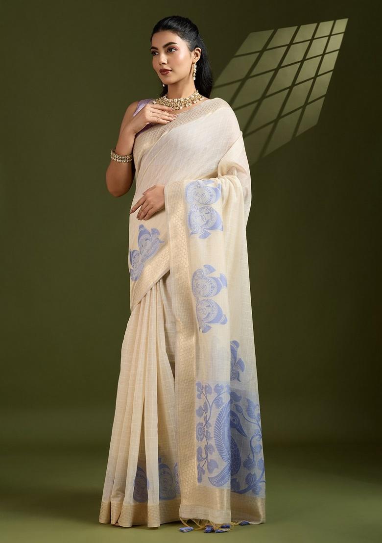 Cream Kalamkari Weaving Work Cotton Saree Set - Indya