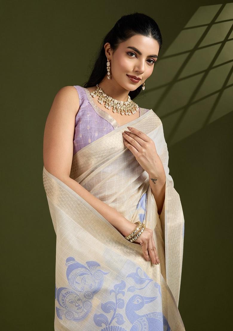 Cream Kalamkari Weaving Work Cotton Saree Set - Indya