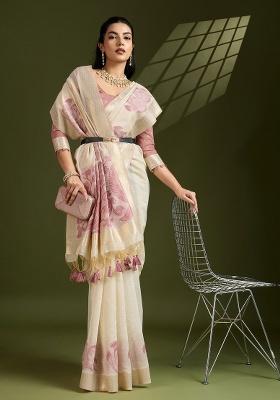 Cream Kalamkari Weaving Work Cotton Saree Set