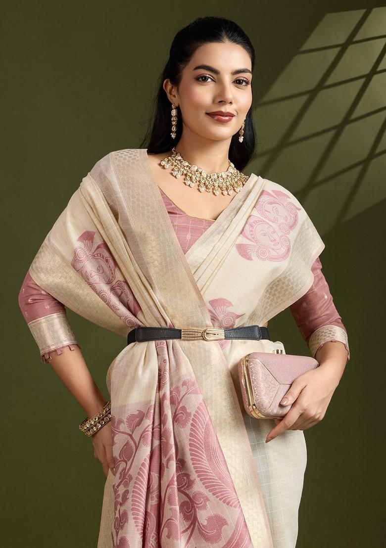 Cream Kalamkari Weaving Work Cotton Saree Set - Indya