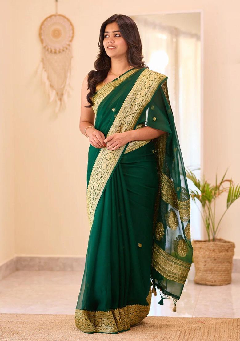 Green Jacquard Work Linen Saree Set - Indya