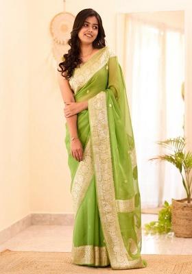 Light Green Jacquard Work Linen Saree Set