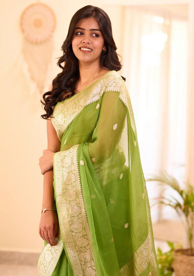 Light Green Jacquard Work Linen Saree Set - Indya