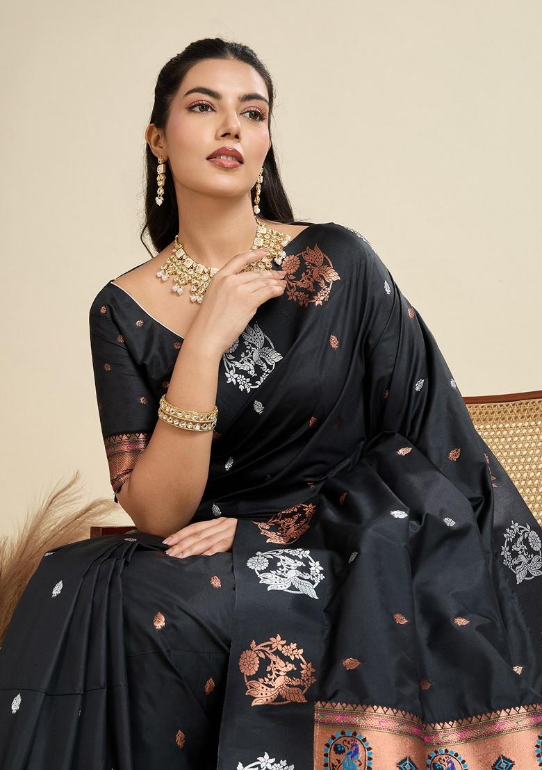 Black Weaving Work Silk Saree Set - Indya