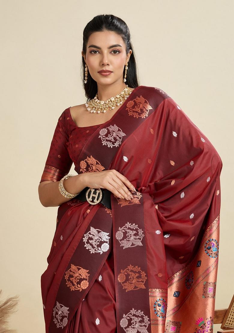 Maroon Weaving Work Silk Saree Set - Indya