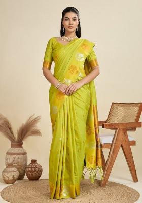 Parrot Green Weaving Work Silk Saree Set