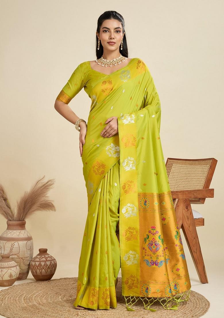 Parrot Green Weaving Work Silk Saree Set - Indya