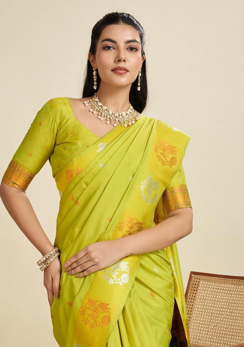 Parrot Green Weaving Work Silk Saree Set - Indya