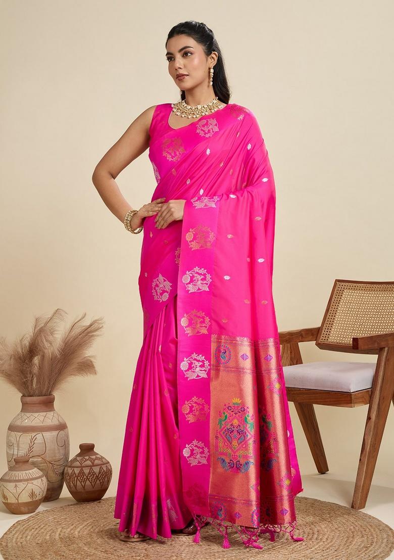 Pink Weaving Work Silk Saree Set - Indya