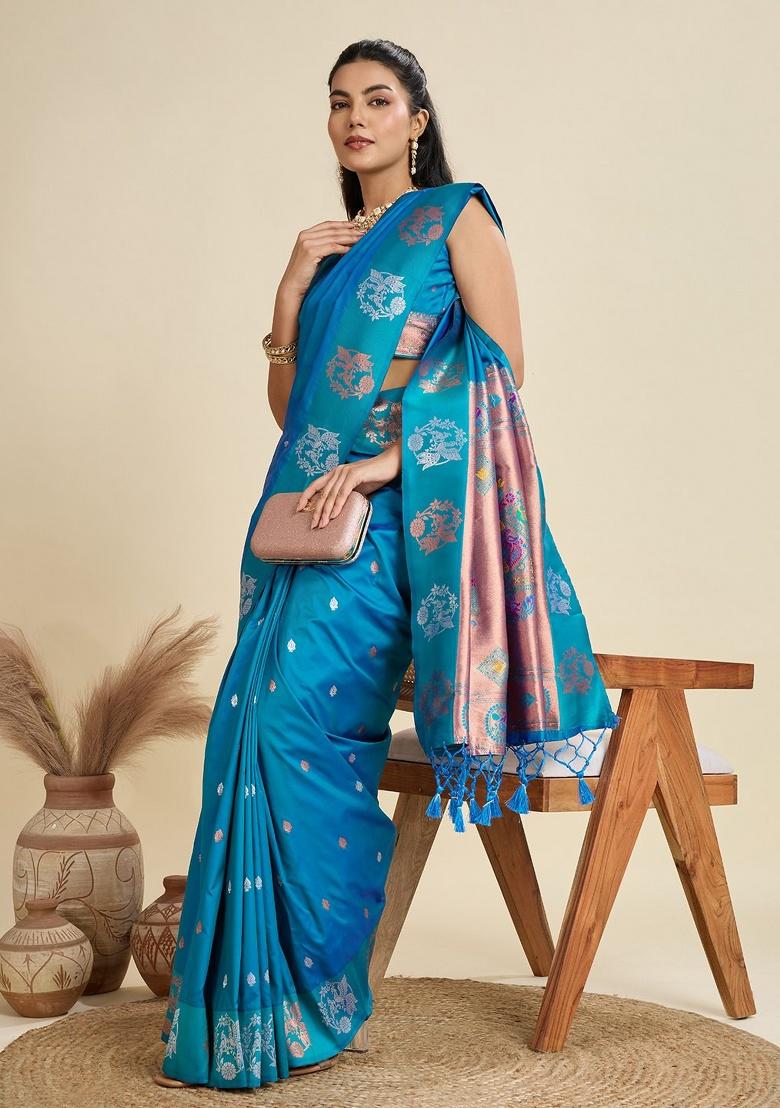 Rama Weaving Work Silk Saree Set - Indya