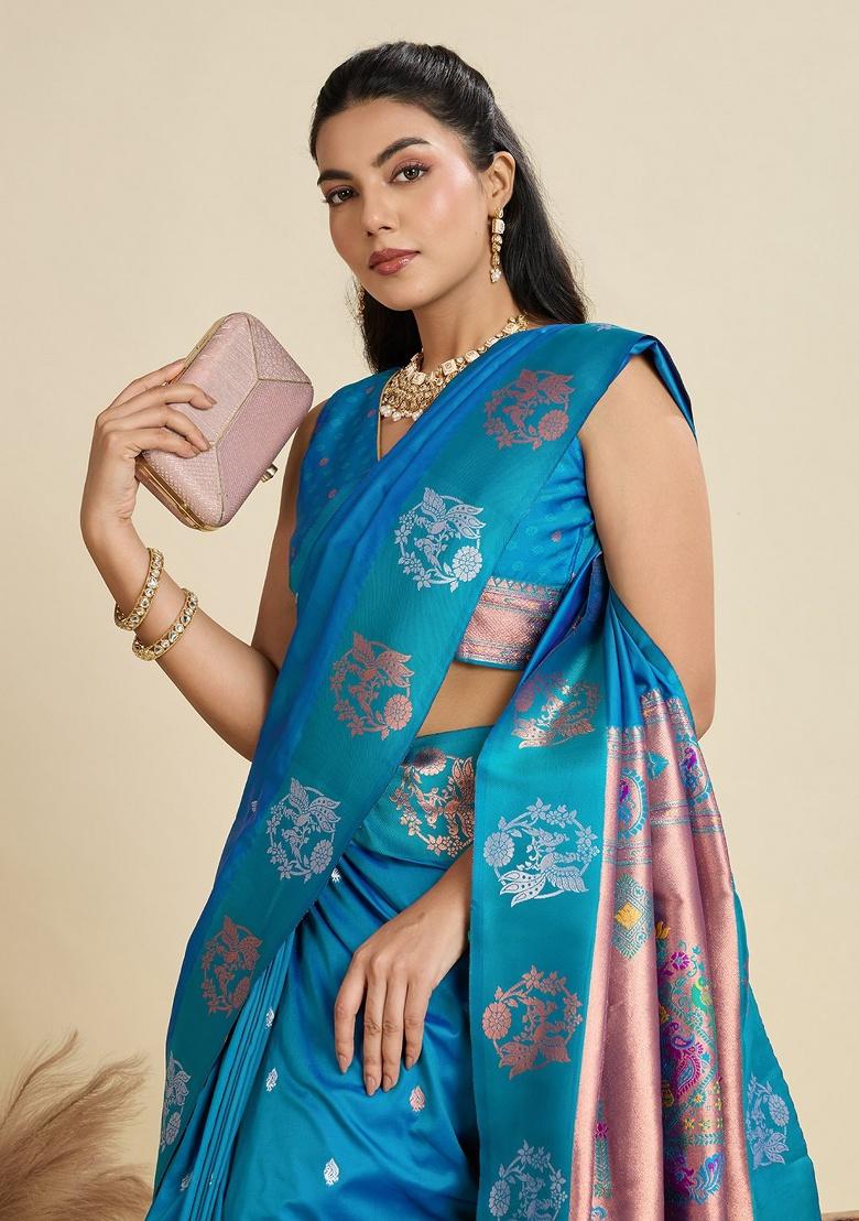Rama Weaving Work Silk Saree Set - Indya