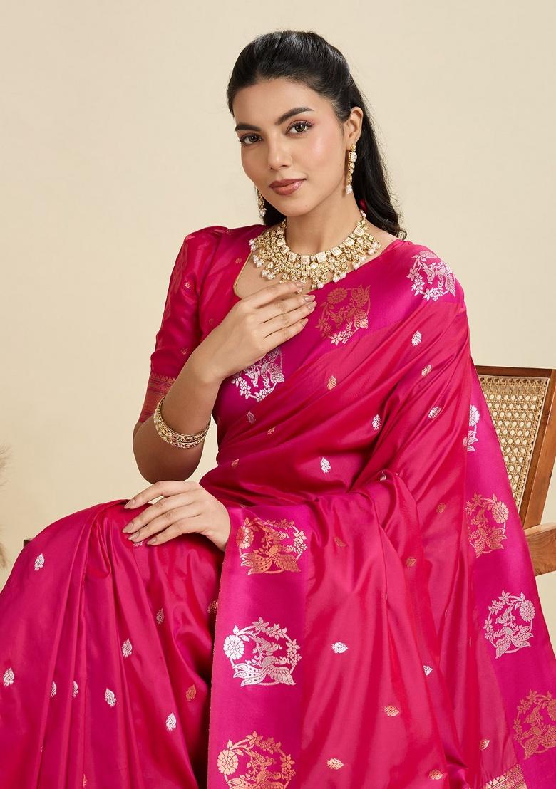 Rani Pink Weaving Work Silk Saree Set - Indya