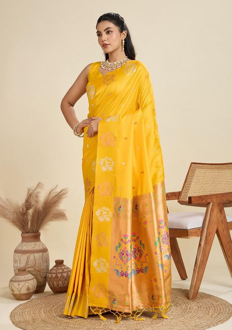 Yellow Weaving Work Silk Saree Set - Indya