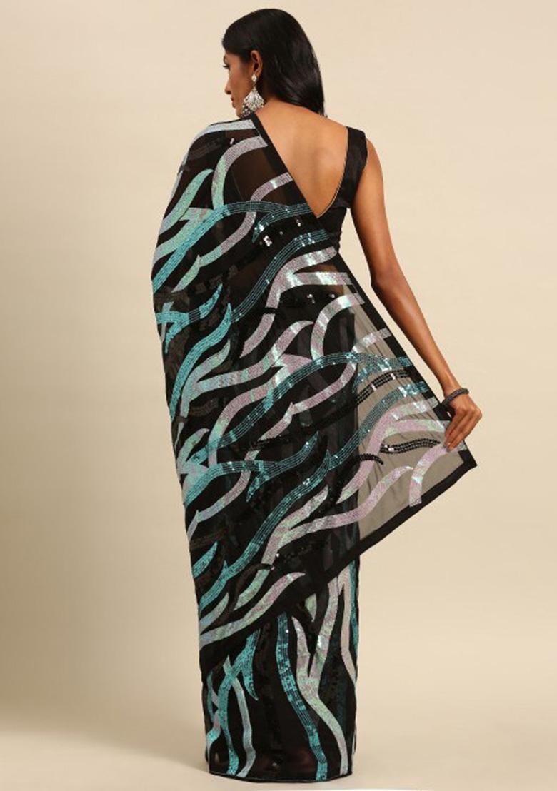 Black And Green Embroidery Georgette Saree Set - Indya