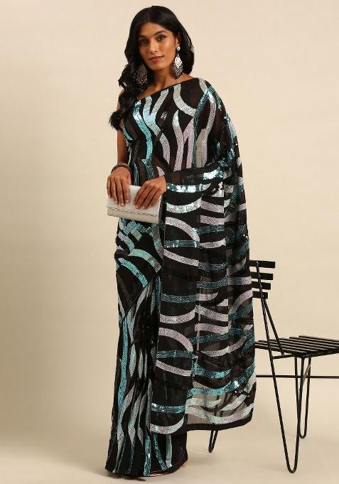 Black And Green Embroidery Georgette Saree Set