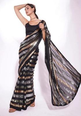 Jet Black Embroidery Georgette Saree Set