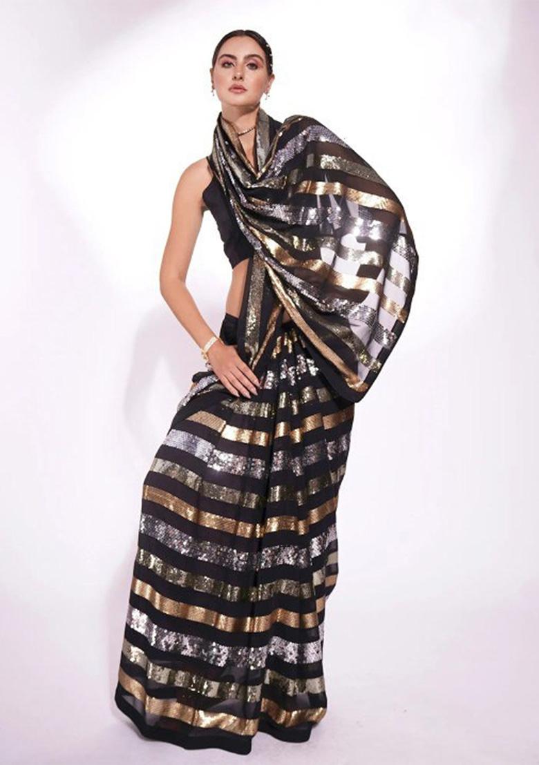 Jet Black Embroidery Georgette Saree Set - Indya