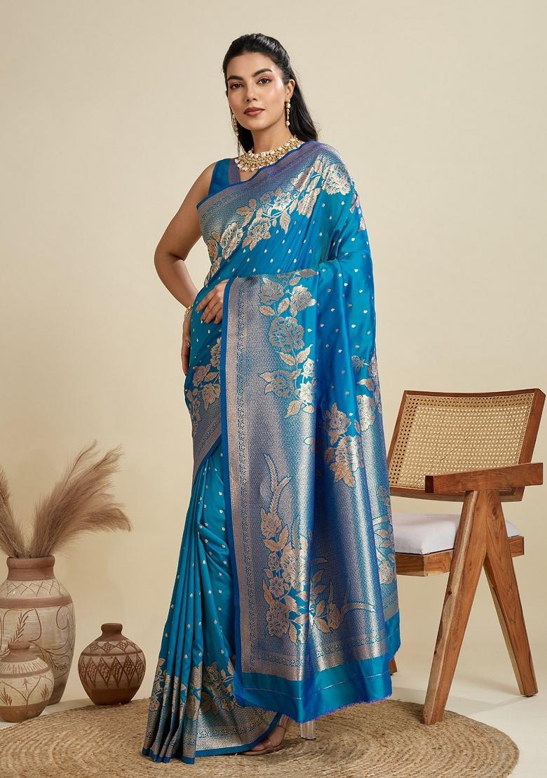 Blue Jacquard Work Silk Saree Set - Indya
